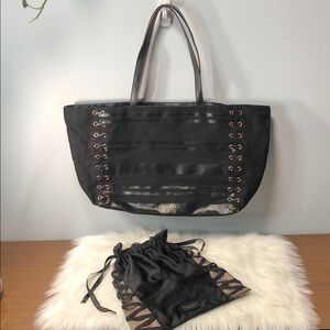 Victoria's Secret Black Lace-up Corset Tote Bag & VS Satin Drawstring Bag